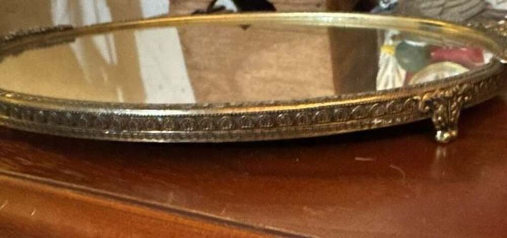 Irice Vintage Ornate Brass Vanity Mirror Tray with Filigree Edge and Feet